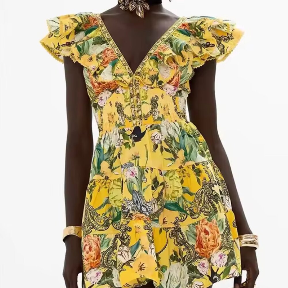 Retro 2024 Yellow summer backless dress